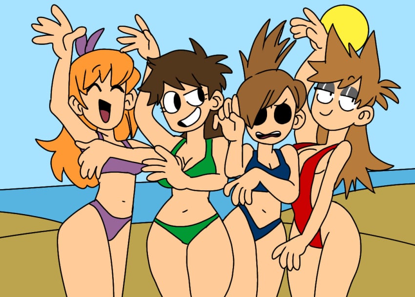 5:7 beach bikini blue_bikini blue_bikini_bottom blue_bikini_top bra brown_hair brown_hair_female eddsworld ell_(eddsworld) ellsworld green_bikini green_bikini_bottom green_bikini_top long_orange_hair looking_at_another looking_at_viewer matilda_(eddsworld) one_arm_up one_piece_swim_suit orange_hair orange_hair_female purple_bikini purple_bikini_bottom purple_bikini_top red_sling_bikini sand short_brown_hair sling_bikini tamara_(eddsworld) three-quarter_portrait tori_(eddsworld)