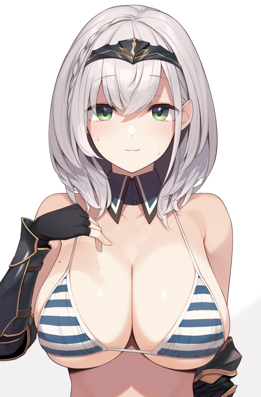 1girls arm_guards bangs bare_shoulders bikini black_gloves blue_bikini blush breasts cleavage collarbone detached_collar elbow_gloves enosan eyebrows_visible_through_hair eyes_visible_through_hair fingerless_gloves gloves green_eyes grey_hair hair_between_eyes hair_ornament hairband highres hololive hololive_fantasy hololive_japan large_breasts looking_at_viewer medium_hair mole mole_on_breast shirogane_noel short_hair simple_background smile solo striped striped_bikini swimsuit upper_body virtual_youtuber white_background