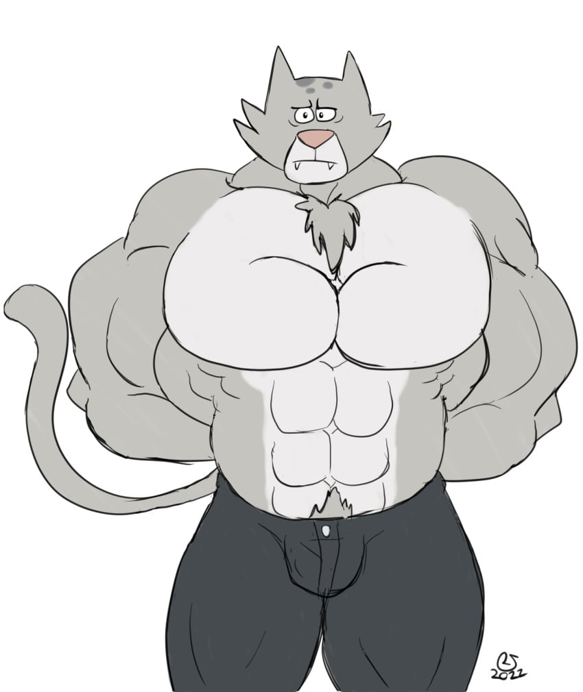 2022 anthro arms_behind_back black_jeans buff buldge caseyljones chest_tuft eye_wrinkles fangs furry grey_fur jackbox_games male_only mayonnaise_(jackbox) muscular pubic_hair signature split_the_room spots the_jackbox_party_pack_5 white_background worried