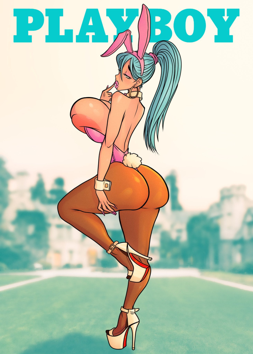 blue_hair bunny_ears bunnysuit bursting_breasts hoop_earrings huge_breasts notjustpanda platform_heels ponytail