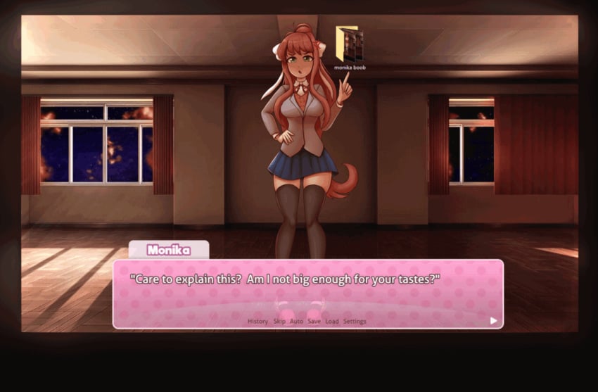 1girls animated breast_expansion cow_print dialogue doki_doki_literature_club female_focus hucow lactation looking_at_viewer massive_breasts metachoke monika_(doki_doki_literature_club) moonika slideshow talking_to_viewer text transformation