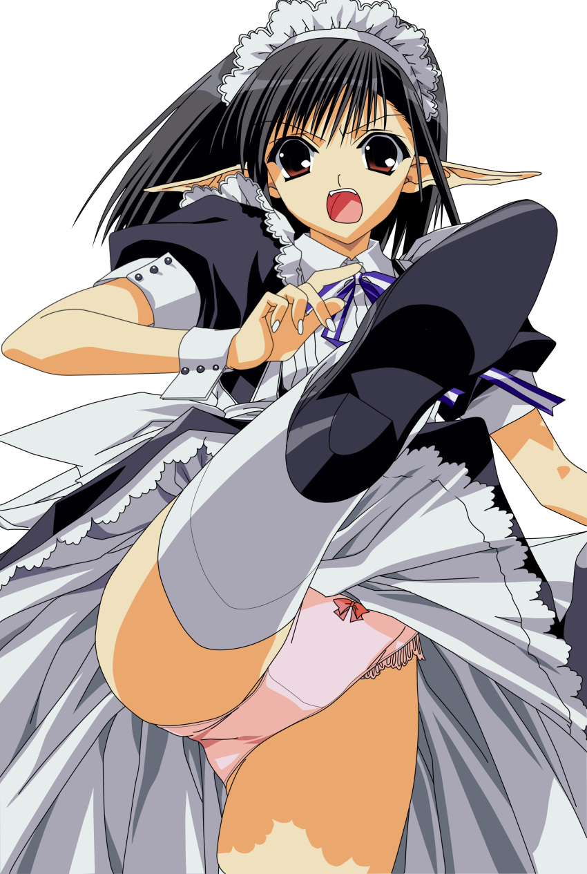 armband black_hair bow bow_panties brown_eyes high_heels high_resolution kicking lace_panties long_pointy_ears maid maid_headdress panties pantyshot pink_panties pointy_ears really?_really! sage_(tick!_tack!) shoes shuffle shuffle! solo thighhighs tick!_tack! underwear vector_trace white_legwear white_thighhighs wristband