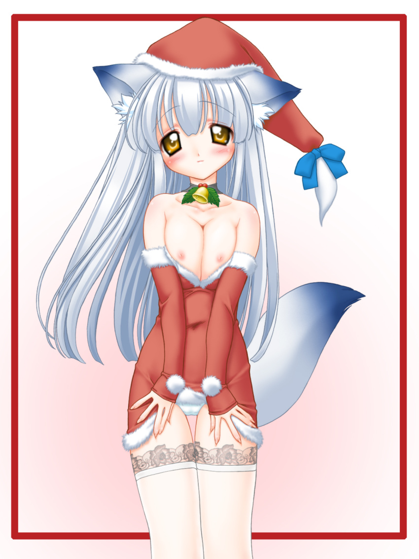 animal_ears bell bell_collar blush breasts cat_ears christmas collar dress dress_lift fox_ears fox_tail hat highres lace lace-trimmed_thighhighs lace_legwear long_hair nakajima_konta nipples orange_eyes panties santa_costume santa_hat silver_hair tail thigh_gap thighhighs underwear white_legwear white_panties