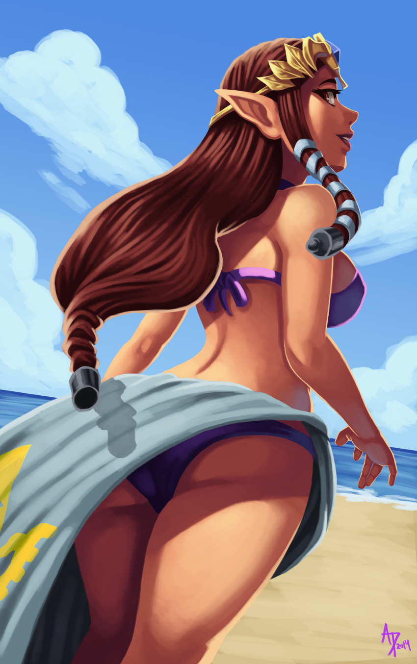 absurdres ass back beach bikini blue_sky breasts brown_hair commentary eyelashes female female_only forehead_jewel from_behind hair_ribbon hair_tubes highres hylian long_hair low-tied_long_hair medium_breasts nintendo ocean parsujera pointy_ears princess_zelda red_eyes revision ribbon sarong sideboob sidelocks sky smile solo swimsuit the_legend_of_zelda thighs tiara twilight_princess zelda_(twilight_princess)