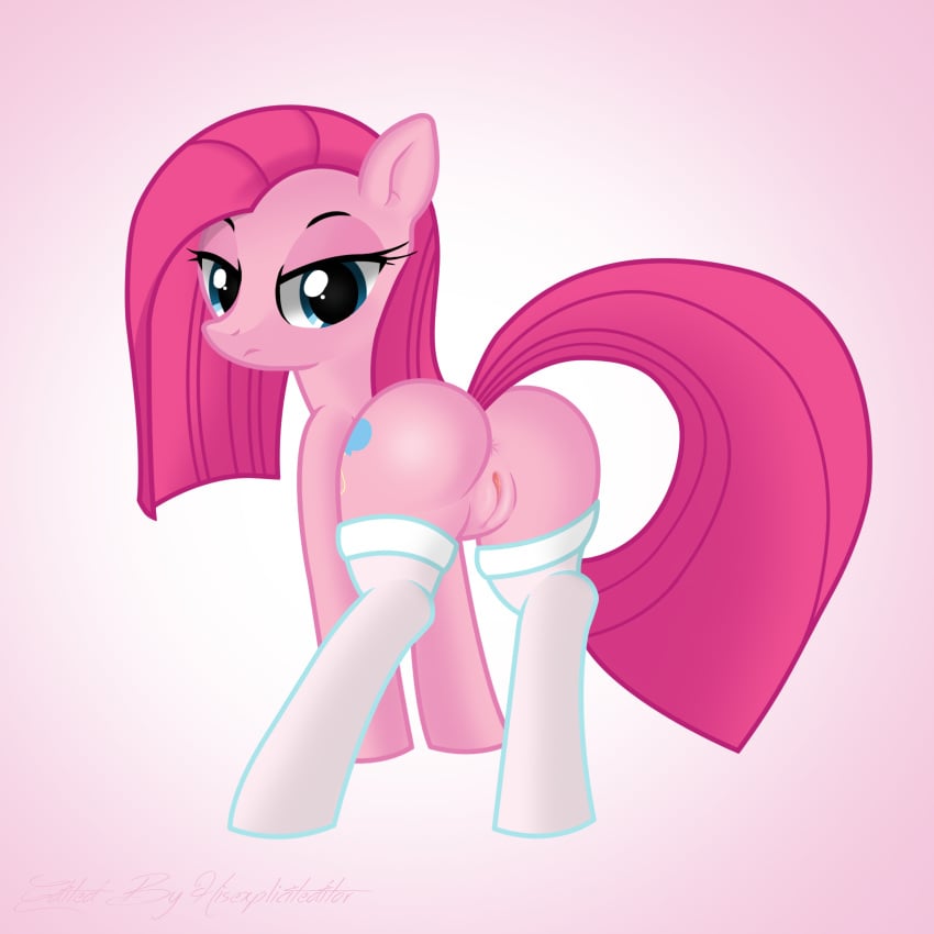 2015 anus ass blue_eyes cutie_mark edit equine female feral friendship_is_magic hair hi_res hisexpliciteditor horse legwear long_hair looking_at_viewer looking_back mammal my_little_pony nude pink_hair pink_theme pinkamena_(mlp) pinkie_pie_(mlp) pony pussy pyruvate simple solo stockings straight_hair tail