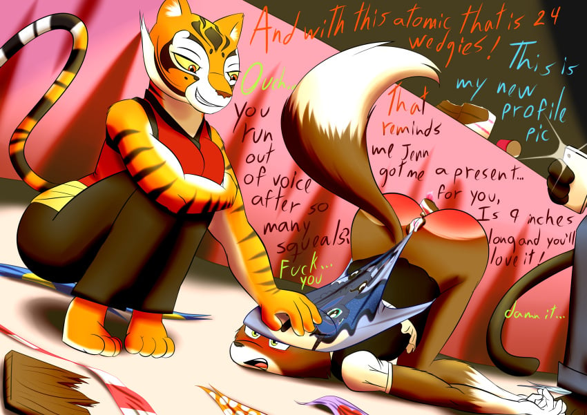 1boy 2girls anthro anthro_only atomic_wedgie birthday cake canine english_text feline food food_play fox furry furry_only kung_fu_panda master_tigress original_character painful red_ass reddened_butt spank_marks spanked spanked_butt text the_killer_wc tiger tkwc_(character) wedgie