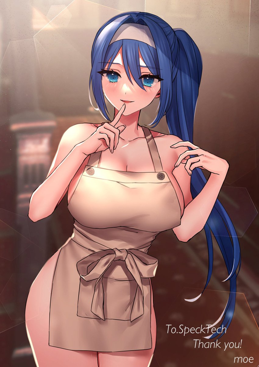 absurdres alyssa_(specktech) apron bangs bare_shoulders blue_eyes blue_hair breasts cleavage commission cowboy_shot english_text female female hairband hand_up highres index_finger_raised large_breasts long_hair moe_(hamhamham) naked_apron original parted_lips phantasy_star phantasy_star_online_2 skeb_commission solo