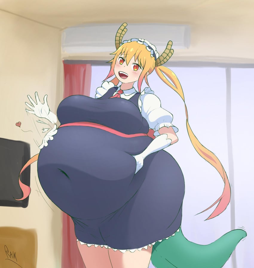 belly_slapping big_belly clothing dress huge_belly large_breasts miss_kobayashi's_dragon_maid orange_eyes raikovjaba tohru_(dragon_maid) vore