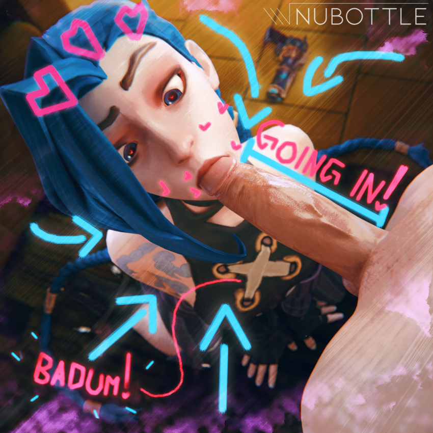 1boy 1girls 3d arcane arcane_jinx arm_tattoo blowjob blue_eyes blue_hair clothed clothing female jinx_(league_of_legends) league_of_legends light-skinned_female light-skinned_male light_skin male male/female nubottle nude nude_female penis straight tattoo