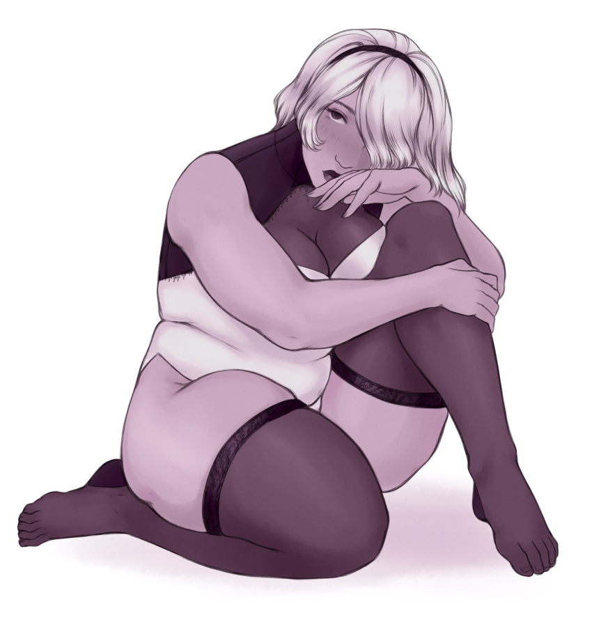 1girls belly benveydrawsmore breasts chubby clothing female female_only hairband light-skinned_female light_skin nier nier:_automata solo solo_female thick_thighs thighhighs white_background white_hair