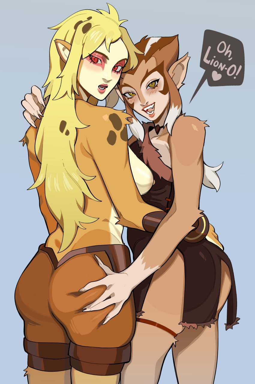 2girls anthro ass breasts cheetara dress furry pointy_ears porqueloin pumyra shorts sideboob tail thundercats thundercats_2011 topless yuri