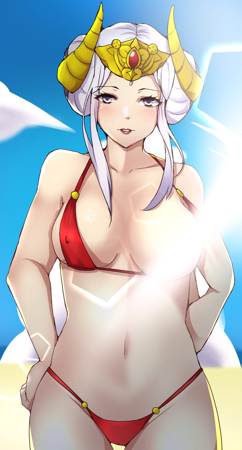 1340smile bad_censor bikini breasts breasts_out censored covered_nipples covering edelgard_von_hresvelg female female_only fire_emblem fire_emblem:_three_houses flashing horns looking_at_viewer nintendo one_breast_out outdoors partially_visible_vulva post-timeskip red_bikini red_swimsuit short_hair sideboob solo swimsuit