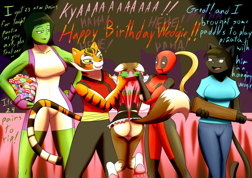 1boy 4girls anthro ass big_breasts birthday blonde_hair canine crossdressing dialogue english_text feline fox furry green-skinned_female green_hair green_skin hulk_(series) imminent_spanking kung_fu_panda lady_deadpool leotard maid maid_headdress maid_uniform marvel marvel_comics master_tigress multiple_girls original_character paddle she-hulk text the_killer_wc tiger tkwc_(character) underwear wedgie