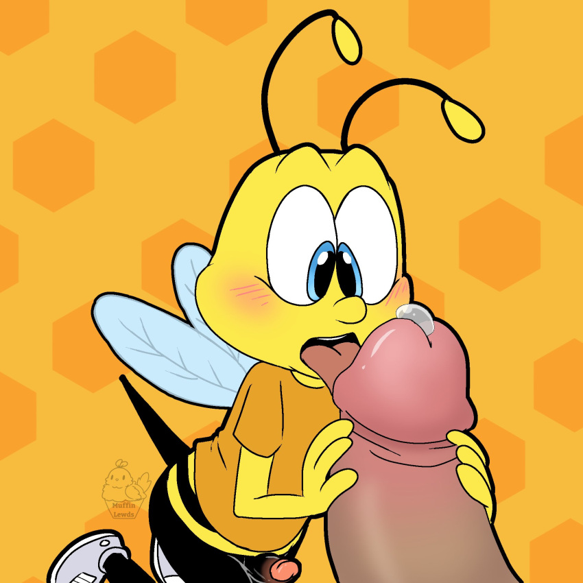 1:1 antennae_(anatomy) anthro arthropod balls bee blush bodily_fluids bottomless buzz_the_bee cheerios clothed clothing cum digital_drawing_(artwork) digital_media_(artwork) disembodied_penis duo erection fellatio footwear general_mills genital_fluids genitals handjob hi_res holding_penis honey_bee honey_nut_cheerios humanoid_genitalia humanoid_penis hymenopteran insect_wings insects licking macro male male/male mammal mascot micro micro_on_macro muffinlewds not_furry nude open_mouth oral penile penis penis_lick sex shirt shoes simple_background size_difference smaller_male solo_focus tongue tongue_out topwear two-handed_handjob wings yellow_body