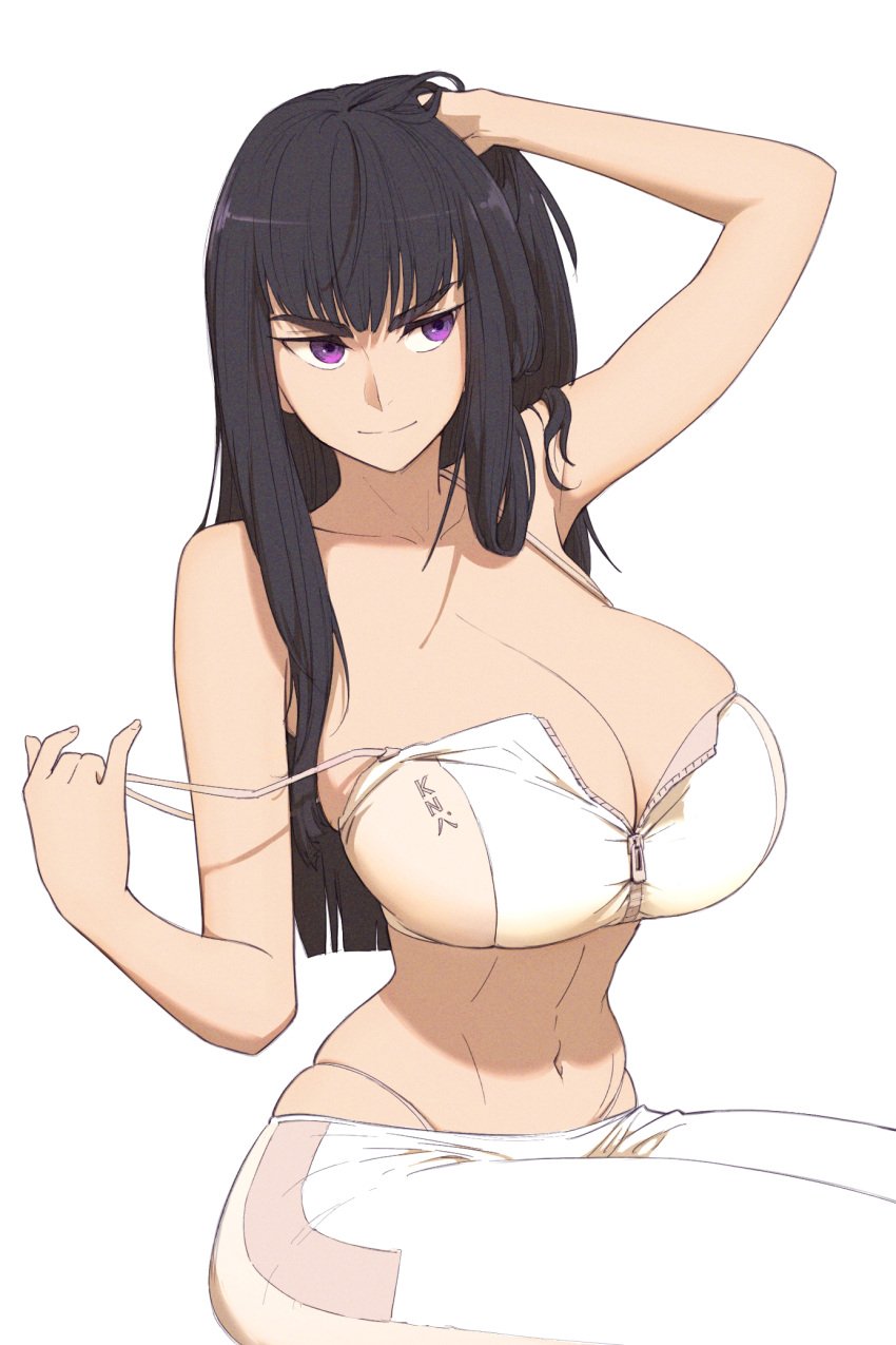 1girls 2022 arm_up bangs bare_shoulders black_hair blunt_bangs breasts cleavage closed_mouth collarbone crop_top female female female_focus female_only hair_over_shoulder hand_in_own_hair highres huge_breasts kill_la_kill kiryuuin_satsuki kuroneko_pantsu long_hair looking_to_the_side navel pants panty_straps partially_unzipped purple_eyes sitting smile solo solo_female stomach strap_pull tank_top thick_eyebrows white_background white_pants white_tank_top zipper zipper_pull_tab