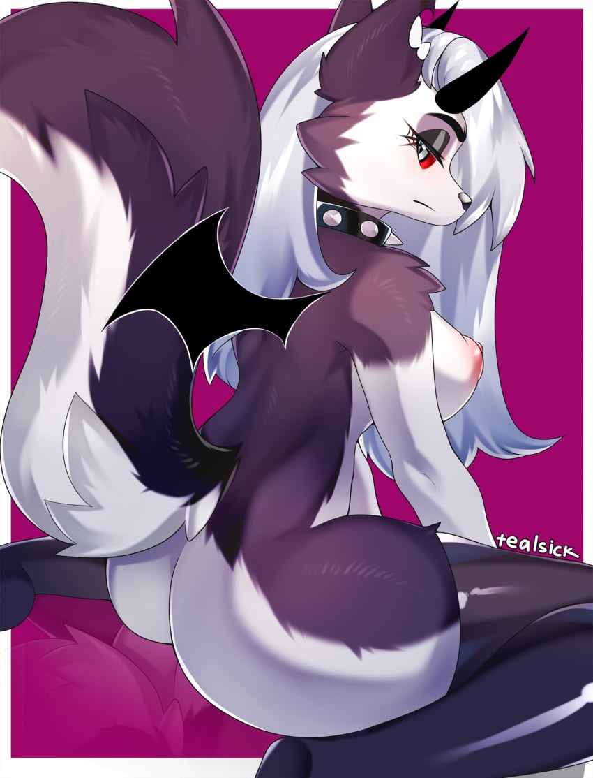 anthro areola ass biped black_clothing black_collar black_legwear black_thigh_highs breasts canid canine canis clothing collar digital_media_(artwork) eyelashes female grey_eyes grey_hair hair helluva_boss hi_res horn latex_thigh_highs legwear long_hair looking_at_viewer looking_back looking_back_at_viewer loona_(helluva_boss) mammal nipples notched_ear pink_areola pink_nipples rear_view red_sclera shaded solo spiked_collar spikes tealsick thigh_highs wings wolf