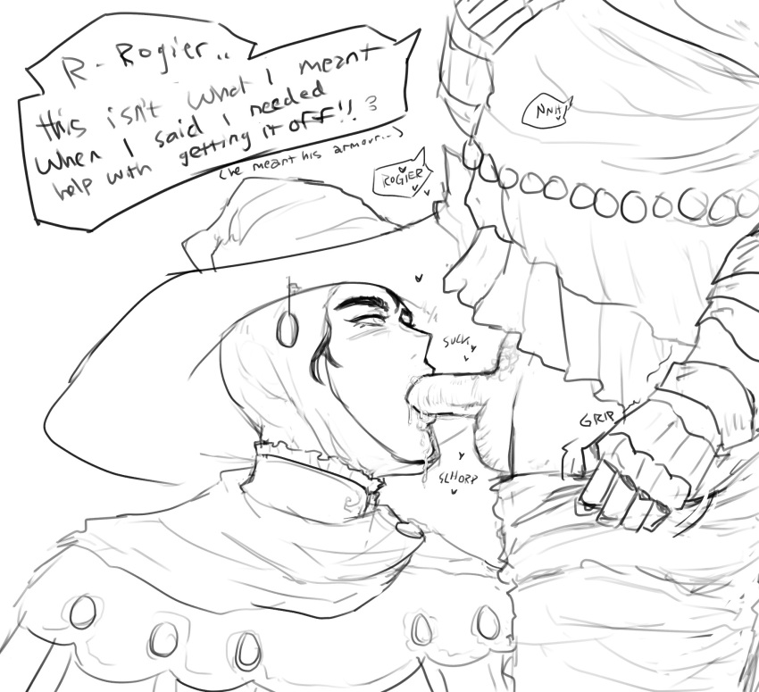 2boys artist_request blowjob cowl d_hunter_of_the_dead dialogue elden_ring english_text erection fellatio fromsoftware gay male male_only monochrome oral pants_down penis penis_out sketch sorcerer_rogier uncensored wizard_hat yaoi