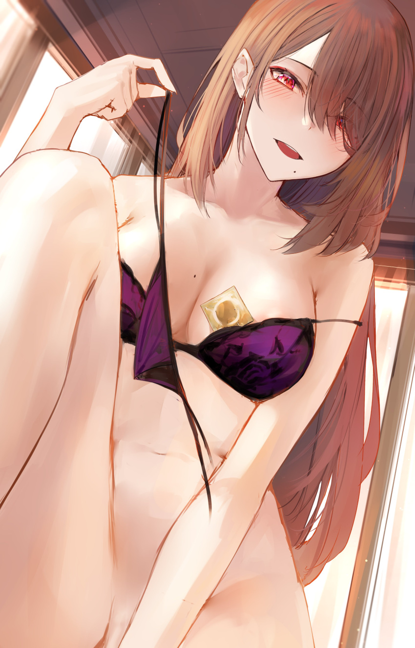 absurdres areola_slip areolae blush bottomless bra breasts brown_hair collarbone commentary condom condom_wrapper english_commentary female hair_over_one_eye highres holding holding_clothes holding_panties holding_underwear indoors large_breasts long_hair looking_at_viewer mole mole_on_breast mole_under_mouth naokomama navel open_mouth original panties purple_bra purple_panties red_eyes smile solo strap_slip teeth underwear upper_teeth