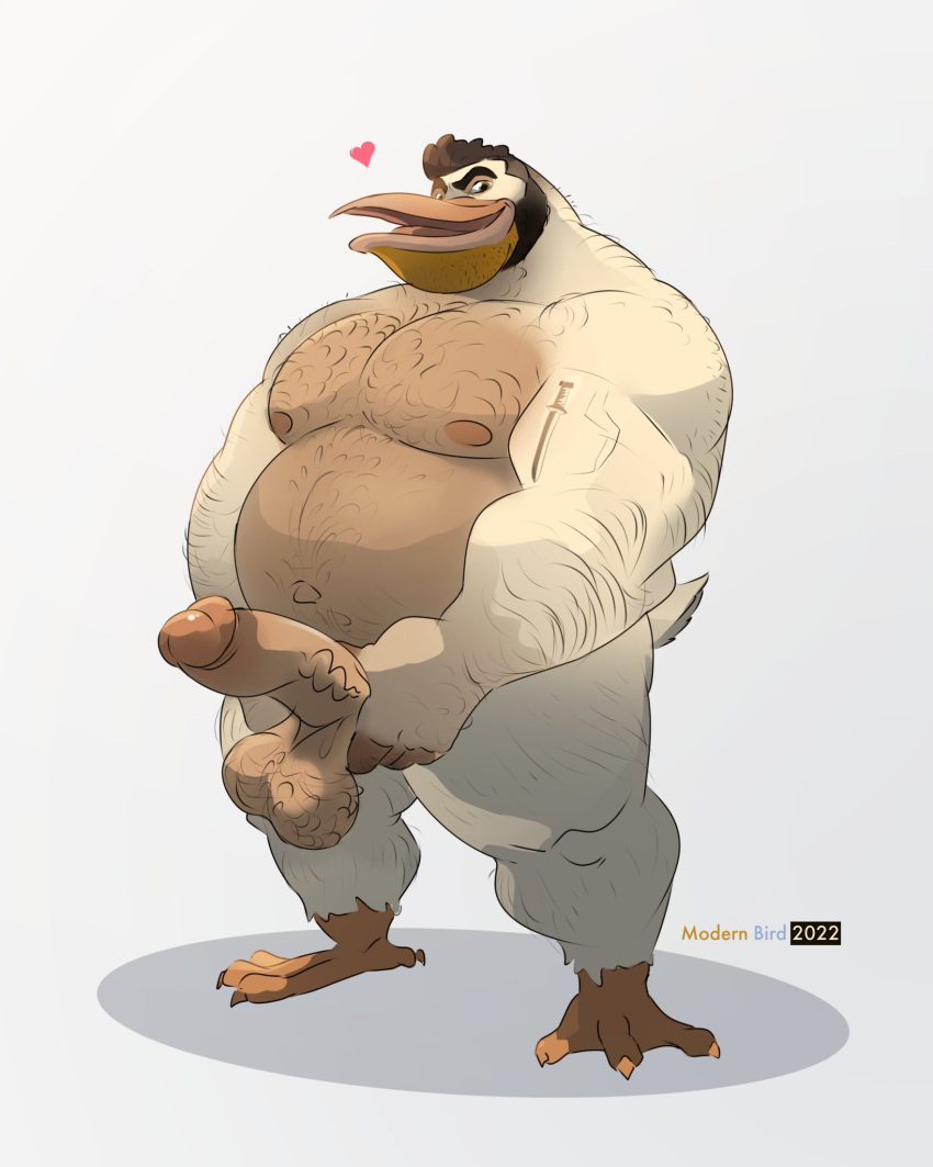 anthro avian bird body_hair hi_res ira(modern_bird) male male_only modern_bird musclegut muscular muscular_male overweight overweight_male pelecaniform pelican presenting smile smirk solo solo_male tattoo