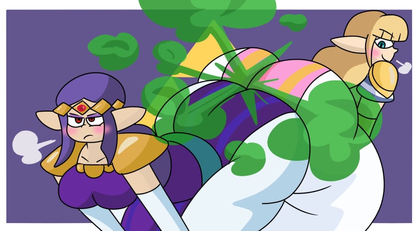 a_link_between_worlds ass_in_dress ass_to_ass big_ass big_butt brap brappycatty bubble_ass bubble_butt enormous_ass fard fart fart_fetish farting farting_on_another fat_ass gassy green_gas nintendo princess_hilda princess_zelda purple_background smelly_ass stinky the_legend_of_zelda thick_thighs yoshizilla zelda_(a_link_between_worlds)