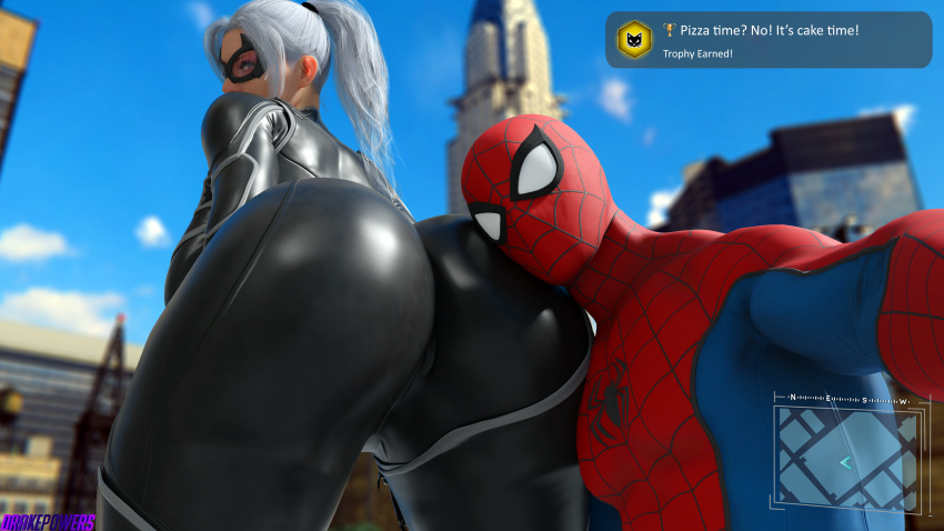 1boy 1girls 3d achievement_unlocked ass ass_focus back big_ass big_breasts black_cat_(marvel) blender_(software) bodysuit breasts clothed clothed_female clothed_male dat_ass drakepowers duo felicia_hardy female fully_clothed gameplay_mechanics goggles head_on_ass huge_ass huge_breasts looking_back male male/female marvel mini_map peter_parker ponytail round_ass seductive selfie shiny_clothes skin_tight skintight skintight_bodysuit spider-man spider-man_(ps4) spider-man_(series) straight_hair superhero superheroine tagme trophy trophy_unlocked white_hair