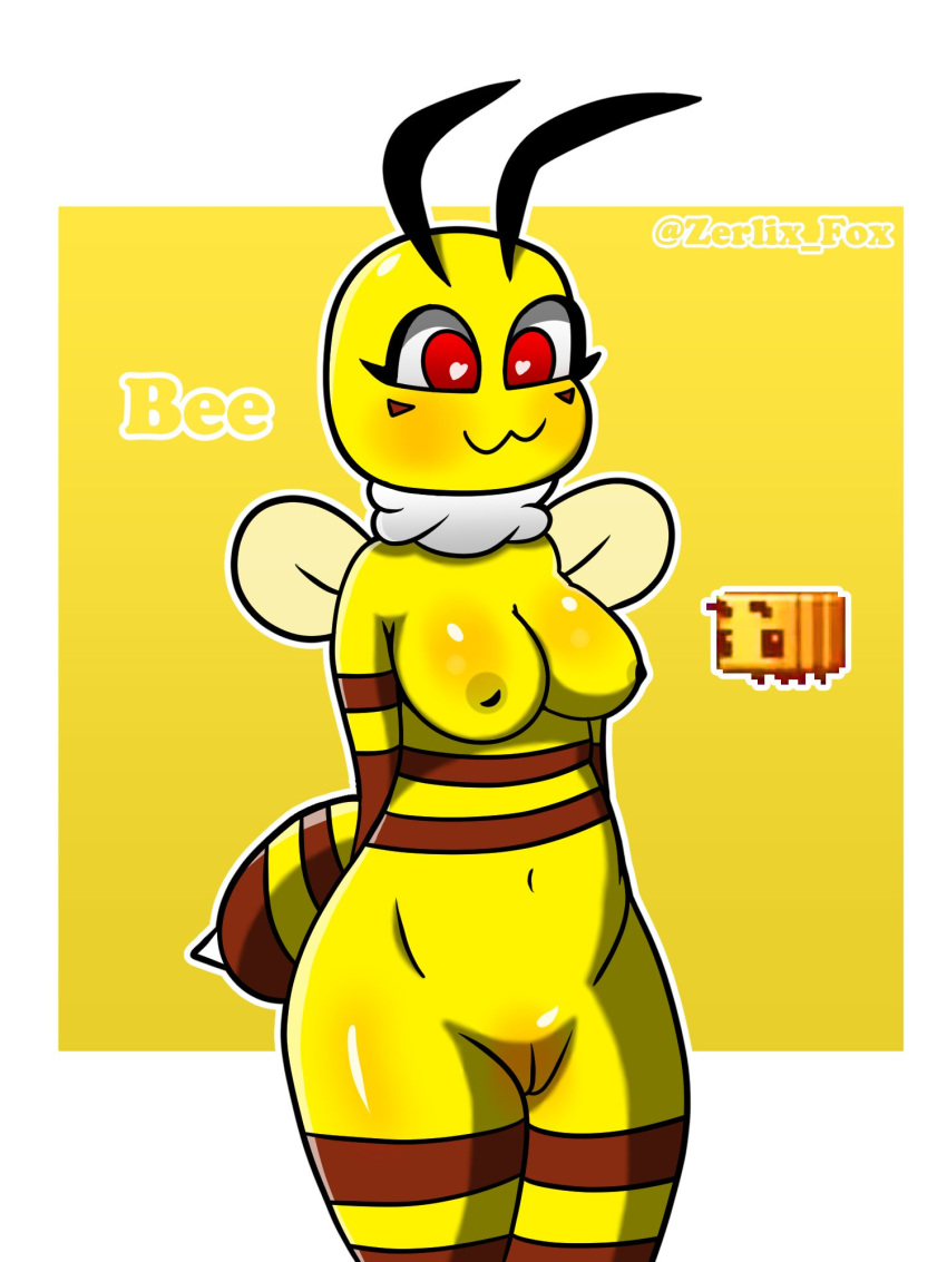 <3 <3_eyes 2022 2d_(artwork) 3:4 :3 antennae_(anatomy) anthro arched_back areola arthropod athletic bedroom_eyes bee bee_(minecraft) biped border breasts butt curvy_figure digital_media_(artwork) digitigrade english_text eyelashes eyeliner facial_tuft featureless_breasts featureless_crotch female genitals hand_on_butt hand_on_hip hanging_breasts hi_res honny_(zerlix_fox) hymenopteran insect love makeup markings microsoft minecraft mojang mostly_nude narrowed_eyes nipples no_nipples nude nude_female pussy red_eyes seductive shaded signature simple_background small_waist smile solo standing straight_legs tail_markings teeth text thick_eyelashes thick_thighs thin_eyebrows video_games wide_eyed wide_hips xbox_game_studios yellow_body zerlix_fox