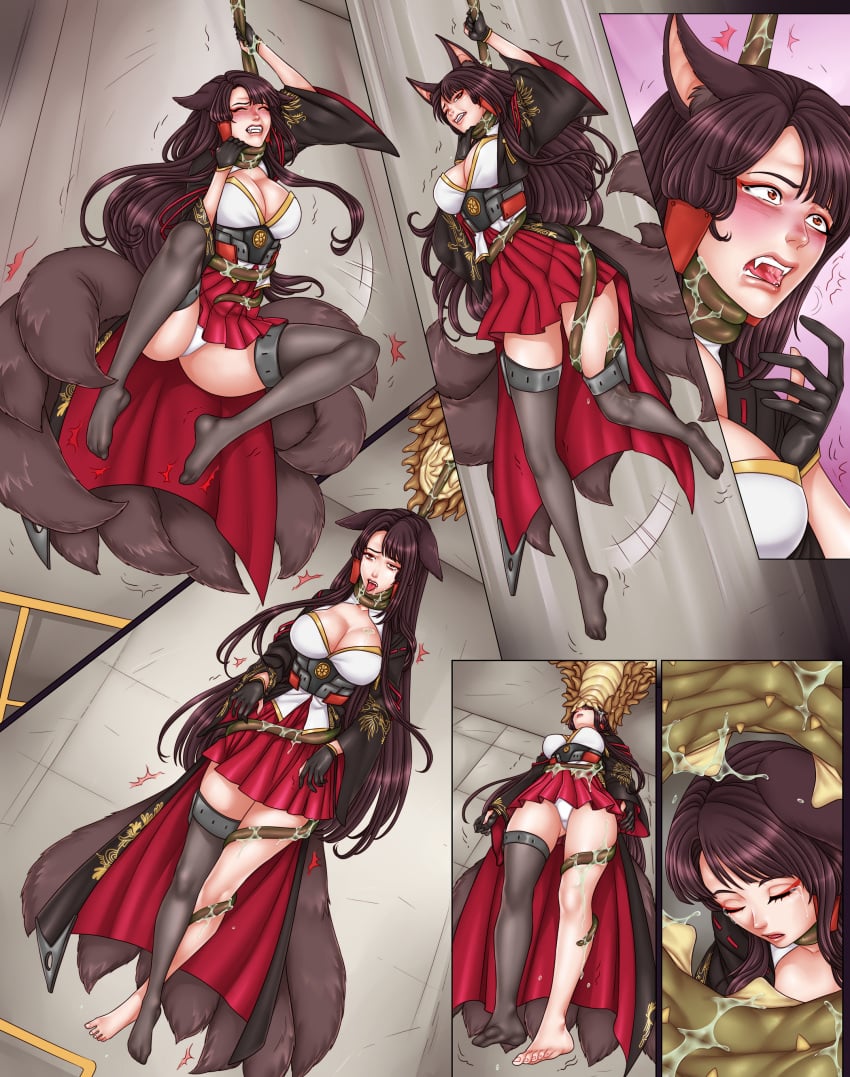 akagi_(azur_lane) asphyxiation ass azur_lane barefoot big_breasts black_skirt breasts brown_hair brown_tail defeated defeated_villainess feet female_prey fox_ears fox_girl fox_tail huge_breasts large_breasts lifting linart neck_grab noose panties red_dress red_skirt red_tie struggling suffering vore worm