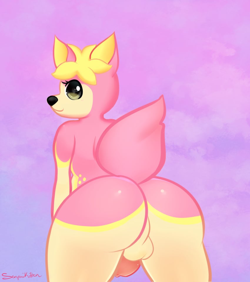 1boy animal_genitalia animal_penis anthro ass balls black_eyes deerling femboy genitals girly hi_res looking_at_viewer lucidkitty male nintendo penis pink_body pokémon_(species) pokemon solo video_games