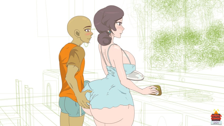 animacomics ass ass_grab ass_shake ass_up big_breasts big_butt butt_crack butt_grab creating_art kitchen male mature_female mature_woman milf orange_shirt pervert purple_hair sideboob slap thick thick_ass thick_thighs underwear