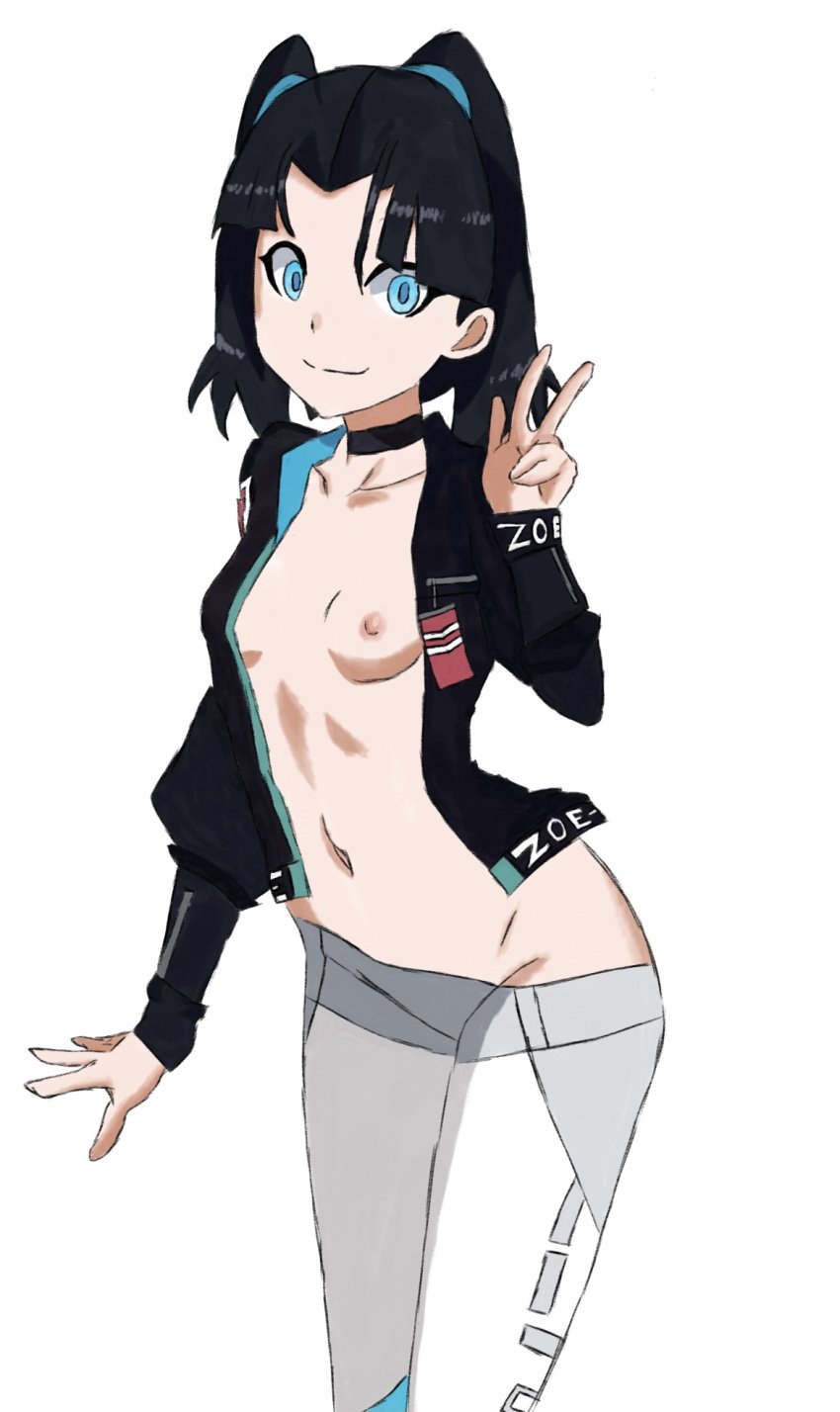 black_hair blue_eyes breasts fortnite fortnite:_battle_royale jacket jacket_open leggings leggings_down nipples peace_sign pink_nipples sideboob small_breasts smile v zoe_clash_(fortnite)