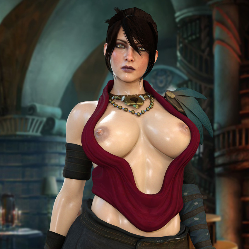 1girls 3d big_breasts bioware black_hair breasts busty clothing dragon_age exposed_breasts female female_focus female_only morrigan_(dragon_age) nordfantasy short_hair solo yellow_eyes