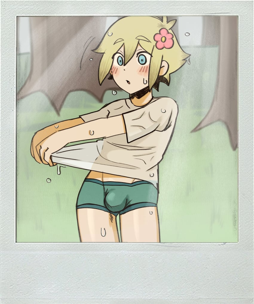 1boy basil_(omori) blonde_hair blue_eyes bulge drying_off femboy flower_in_hair omori polaroid shorts theblmaster twink wet_clothes