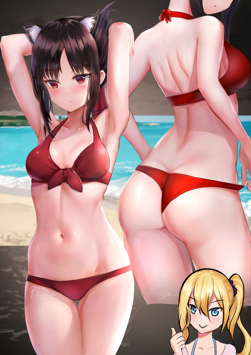 2girls armpits ass ass_focus beach black_hair breasts cat_ears female female_only hands_behind_head hayasaka_ai human kaguya-sama_wa_kokurasetai_~tensai-tachi_no_renai_zunousen~ medium_breasts multiple_girls pharmarr pose red_eyes red_ribbon shinomiya_kaguya solo_focus swimsuit thick_thighs thighs tied_hair