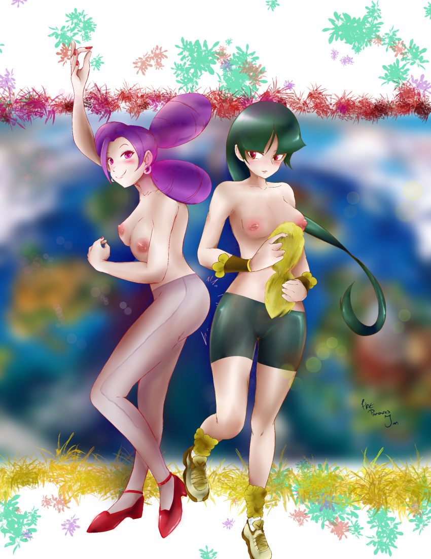 2girls arms_up ass_shake blush breasts breasts_out earrings fantina_(pokemon) flatpancakes high_heels highres large_breasts long_hair looking_at_another multiple_girls pantyhose pokemon pokemon_dppt pokemon_lgpe pokemon_rgby pussy_visible_through_clothes sabrina_(pokemon) shoes_only tight_clothing transparent_clothing