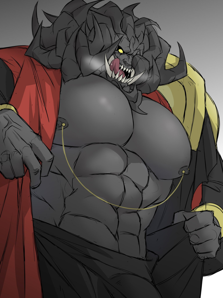 abs bara bare_chest big_pecs black_sclera breath dark-skinned_male deity demigod elden_ring fangs fromsoftware grey_body grey_skin horns licking_lips linked_nipples male male_only mohg_lord_of_blood monster muscular muscular_male nipple_piercing open_shirt pecs sharp_teeth solo tongue_out tusks undressing wdp66281167