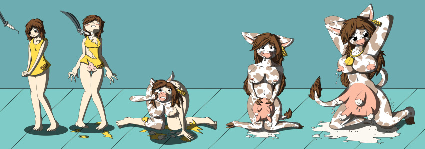 absurd_res anthro bovid bovine breast_expansion cattle ear_growth female gender_transformation hair_growth hi_res human_to_anthro infect inject mammal milk moo mtf_transformation sequance solo species_transformation tail_growth teats transformation udder_growth udders winters7423