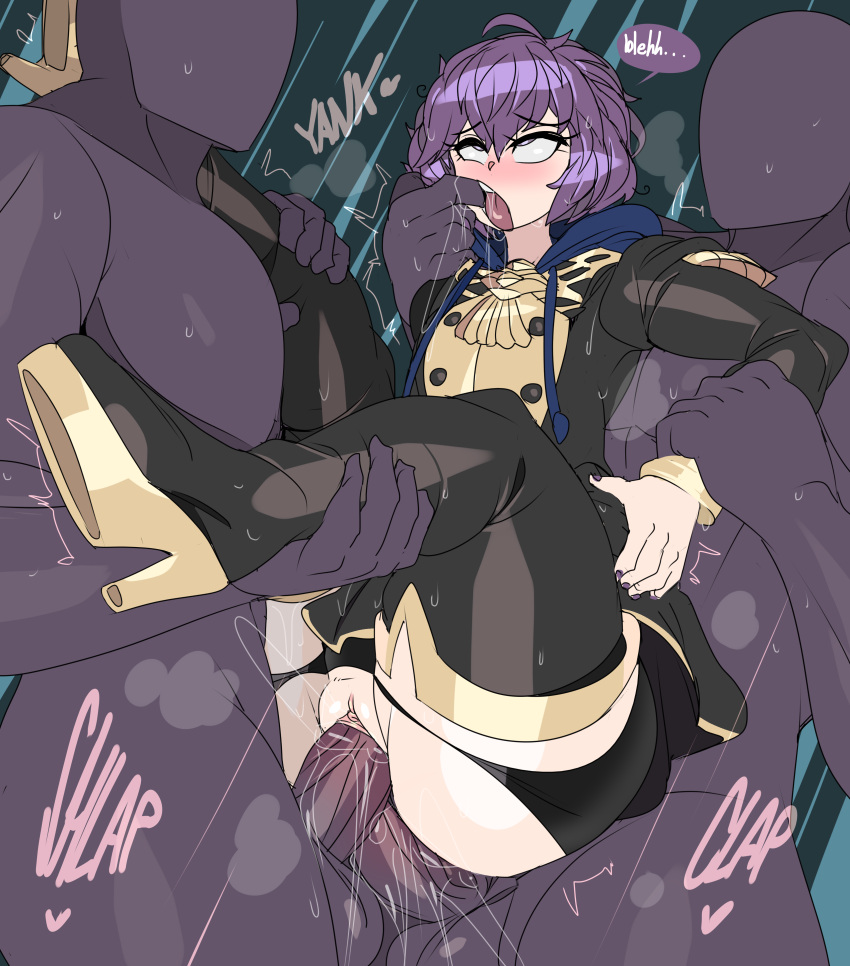 1girls 2boys ahe_gao ahegao anal arm_grab ass bernadetta_von_varley boots booty breasts broken_cloth captain_kirb double_penetration female finger_in_mouth finger_play fire_emblem fire_emblem:_three_houses garreg_mach_monastery_uniform grey_eyes group_sex heavy_breathing large_ass leg_grab male mmf_threesome mouth_play naughty_face nintendo open_mouth purple_hair pussy saliva sex short_hair shorts skirt small_breasts sound_effects standing_sex steaming_body sweat thigh_boots threesome tongue tongue_out torn_clothes vaginal_penetration