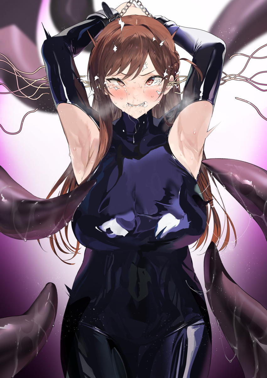 absurdres armpit_cutout armpits arms_up bangs blush bodysuit bondage bound bound_wrists braid breasts brown_eyes brown_hair chains clenched_teeth clothing_cutout cowboy_shot crying crying_with_eyes_open ear_penetration female highres iku_(ikuchan_kaoru) kanojo_okarishimasu large_breasts latex latex_bodysuit long_hair mizuhara_chizuru netorare purple_bodysuit restrained rolling_eyes saliva saliva_trail sweat swept_bangs tears teeth tentacle