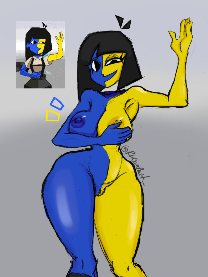 blue_skin breasts ena eyeshadow goth holding_breast rlcompact_ smile yellow_skin