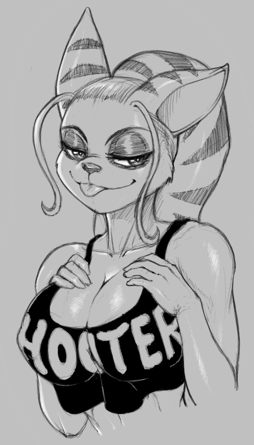 alien angela_cross anthro anthro_only bedroom_eyes big_breasts black_and_white breasts cleavage clothed clothing female hair hi_res hooters hooters_uniform lombax looking_at_viewer loose_hair mammal monochrome narrowed_eyes nipple_outline pltnm06ghost ponytail ratchet_and_clank seductive shirt shoooohhhh sketch sony_corporation sony_interactive_entertainment stripes tank_top tongue tongue_out topwear video_games