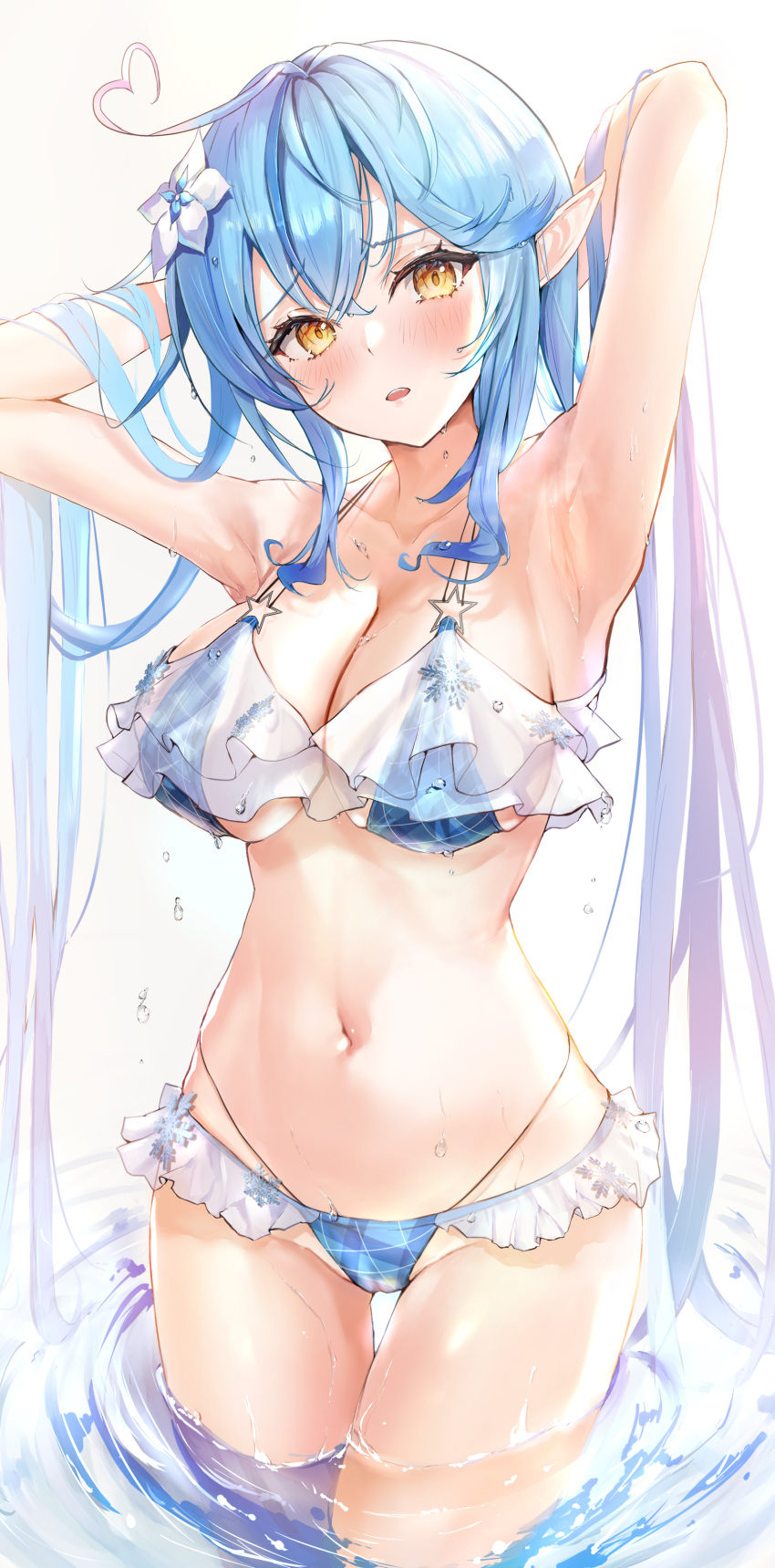 1girls 2022 absurdres ahoge armpits arms_behind_head arms_up bangs bare_arms bikini blue_bikini blue_hair blush breasts cameltoe cleavage cowboy_shot elf flower frilled_bikini frills hair_between_eyes hair_flower hair_ornament heart heart_ahoge highres hololive hololive_gen_5 hololive_japan large_breasts long_hair looking_at_viewer mugiusagi navel parted_lips pointy_ears solo standing stomach swimsuit twintails very_long_hair virtual_youtuber wading water wet white_background yellow_eyes yukihana_lamy