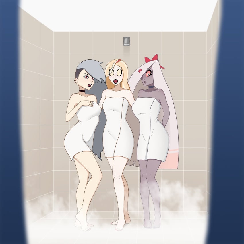 2d 3demons 3girls blonde_hair bow breasts charlie_morningstar_(hazbin_hotel) colored_sclera female female_focus female_only full_body grey_hair grey_skin hair_ribbon hazbin_hotel helluva_boss highres human_loona long_hair looking_at_viewer loona_(helluva_boss) multiple_girls one_eye_covered one_eye_obstructed red_eyes shocked shocked_expression shower shower_(place) shower_room sinfulline straight_hair tagme thighs towel towel_only vaggie_(hazbin_hotel)