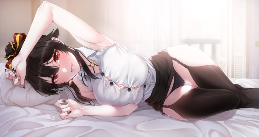 1girls 2022 akchu armpits arms_above_head arms_up black_panties blush breasts brown_hair button_gap chobi_(akchu) female female_only garter_straps hi_res hips huge_breasts large_breasts long_hair looking_at_viewer lying_on_side office_lady original original_character panties ponytail red_eyes sleeveless slim_waist smile straining_buttons thick_thighs thighhighs thighs wide_hips