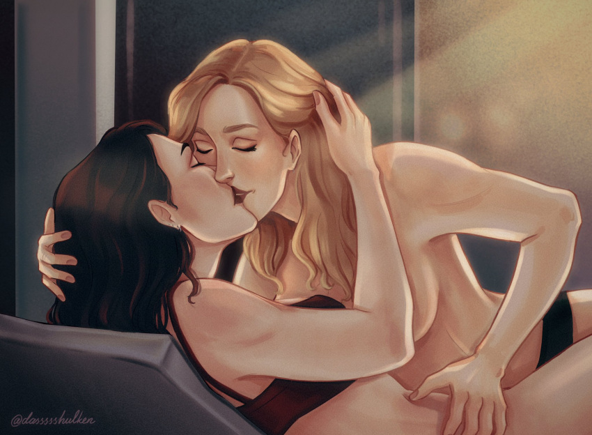 2girls arrowverse blonde_hair closed_eyes dark_hair dassssshulken dc dc_comics kara_danvers kissing lena_luthor supergirl_(series) yuri