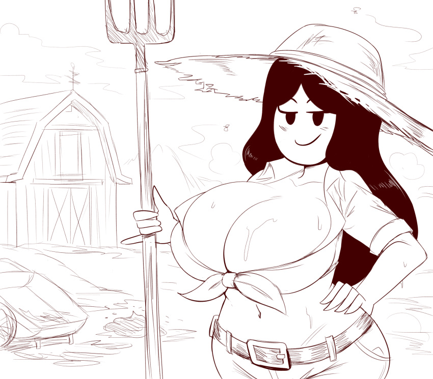 1girls androjuniarto blush breasts buddy_armstrong cleavage farm farmer farmgirl hand_on_hip hat huge_breasts lisa_(series) lisa_the_joyful lisa_the_painful long_hair mob_face no_bra outdoors pitchfork smug solo straw_hat sweat sweatdrop