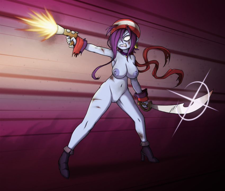 angry bandana big_breasts boots breasts breasts_out bruise clothing_damage darkprincelood dirty female functionally_nude gun gunshot nude nude_female pale_skin pirate purple_hair purple_nipples pussy risky_boots shantae smooth_skin solo sword thighs torn_clothes vulva