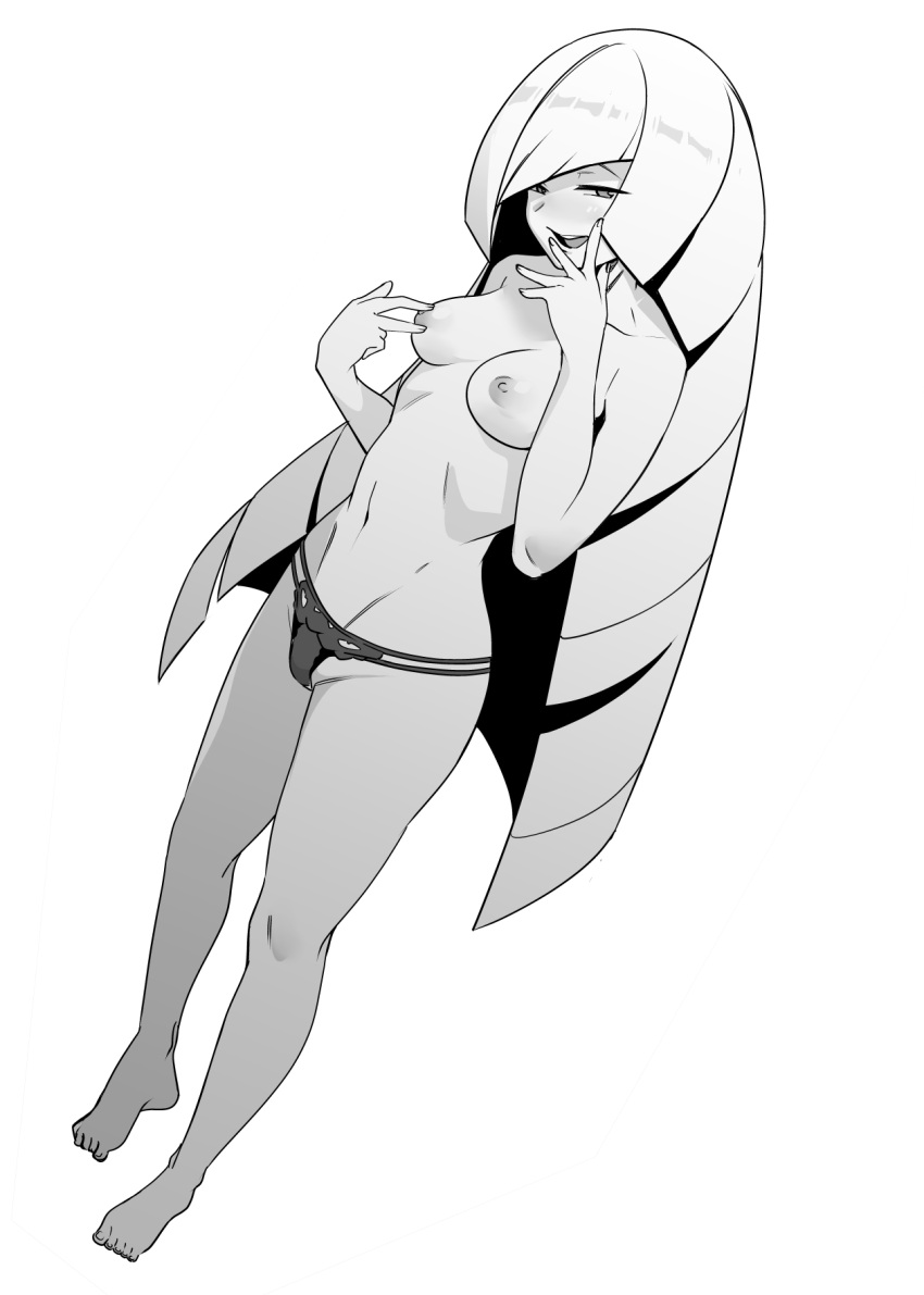 1girls areolae black_and_white bottomwear feet female female_only full_body game_freak greyscale legs long_hair lusamine_(pokemon) makino_harumaki mature mature_female mature_woman medium_breasts milf monochrome mother nipples open_mouth panties pokemon pokemon_sm seductive seductive_smile smile solo solo_female thick_thighs thighs topless