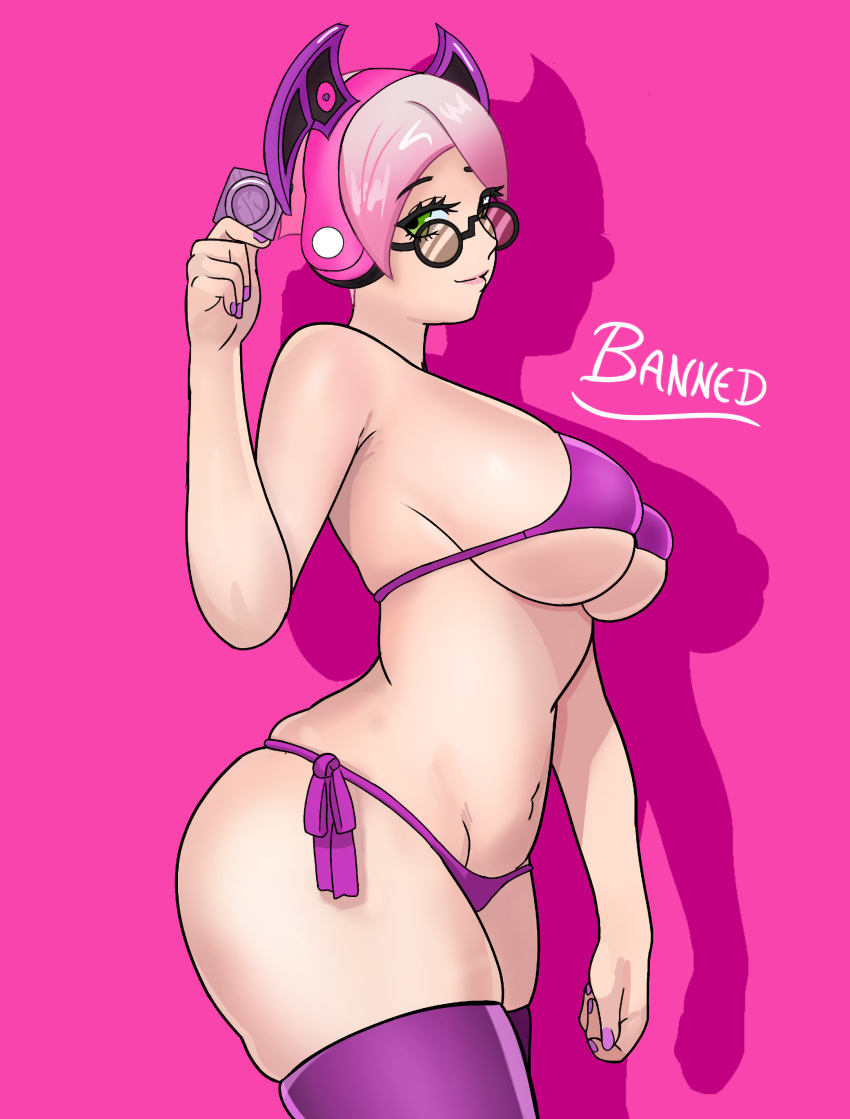 1girls artist_name artist_request big_breasts big_thighs bikini bikini_top breasts callisto_(fortnite) condom female female_only fortnite fortnite:_battle_royale headphones lenses looking_at_viewer pink_hair purple_bikini purple_nails purple_stockings revision stockings thighs traced wanting_sex