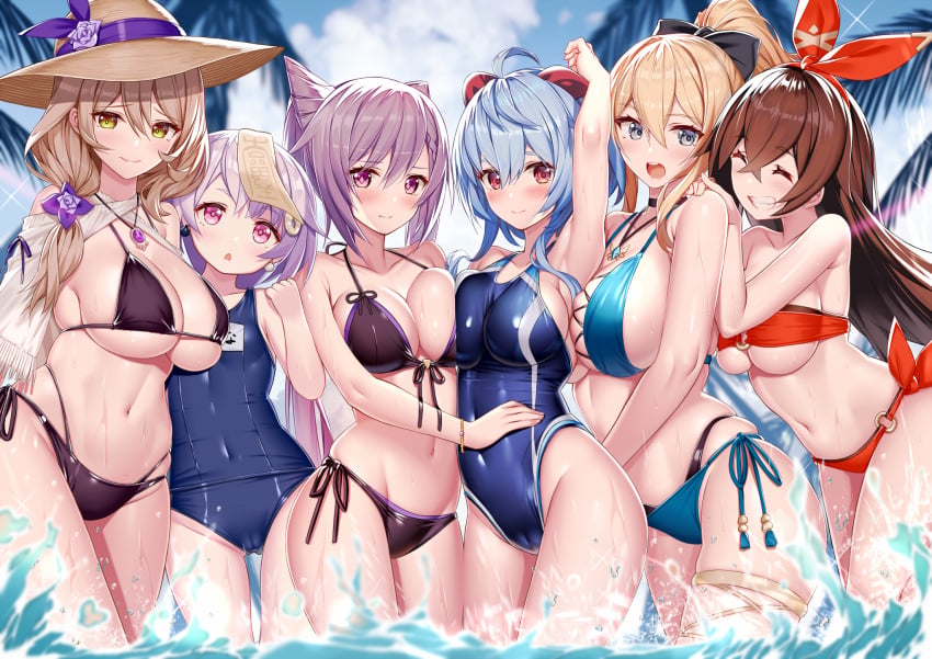 6+girls 6girls aged_up akusema amber_(genshin_impact) beach big_breasts bikini blonde_hair blue_eyes blue_hair brown_hair curvy female female_only ganyu_(genshin_impact) genshin_impact group hair_ribbon hat jean_gunnhildr keqing_(genshin_impact) large_breasts lisa_(genshin_impact) looking_at_viewer necklace one-piece_swimsuit purple_eyes purple_hair qiqi_(genshin_impact) side-tie_bikini swimsuit take_your_pick thick voluptuous