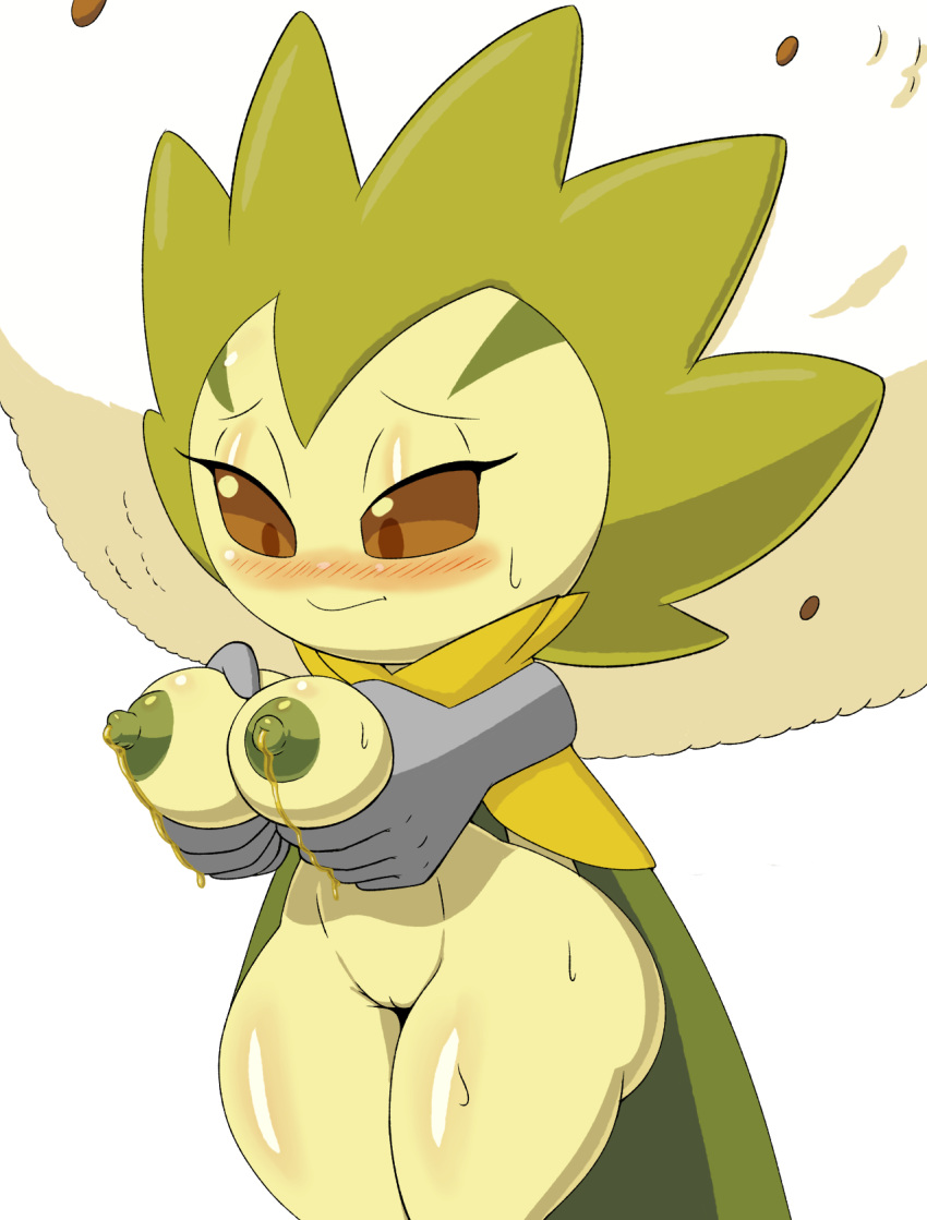 ambiguous_gender anthro areola big_breasts blush bodily_fluids breast_grab breasts disembodied_hand duo eldegoss female genitals green_body green_nipples half-closed_eyes hand_on_breast hi_res lactating lactation looking_down narrowed_eyes nintendo nipples nude pokémon_(species) pokemon pokemon_only pussy tansau thick_thighs unusual_bodily_fluids unusual_lactation video_games wide_hips